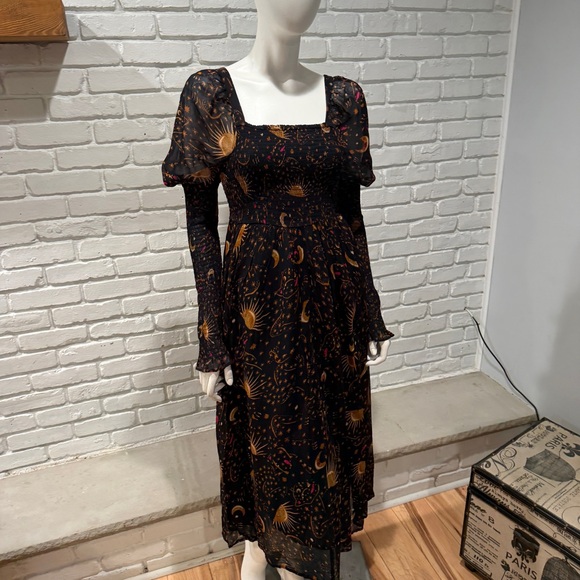Farm Rio Boho Celestial Print Dress M | Smocked Midi Puff Sleeve Festival Luxe - Picture 6 of 16